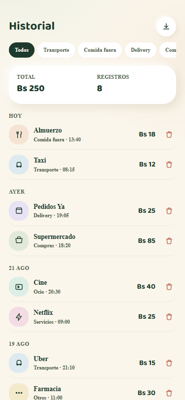 Pantalla de historial de movimientos
