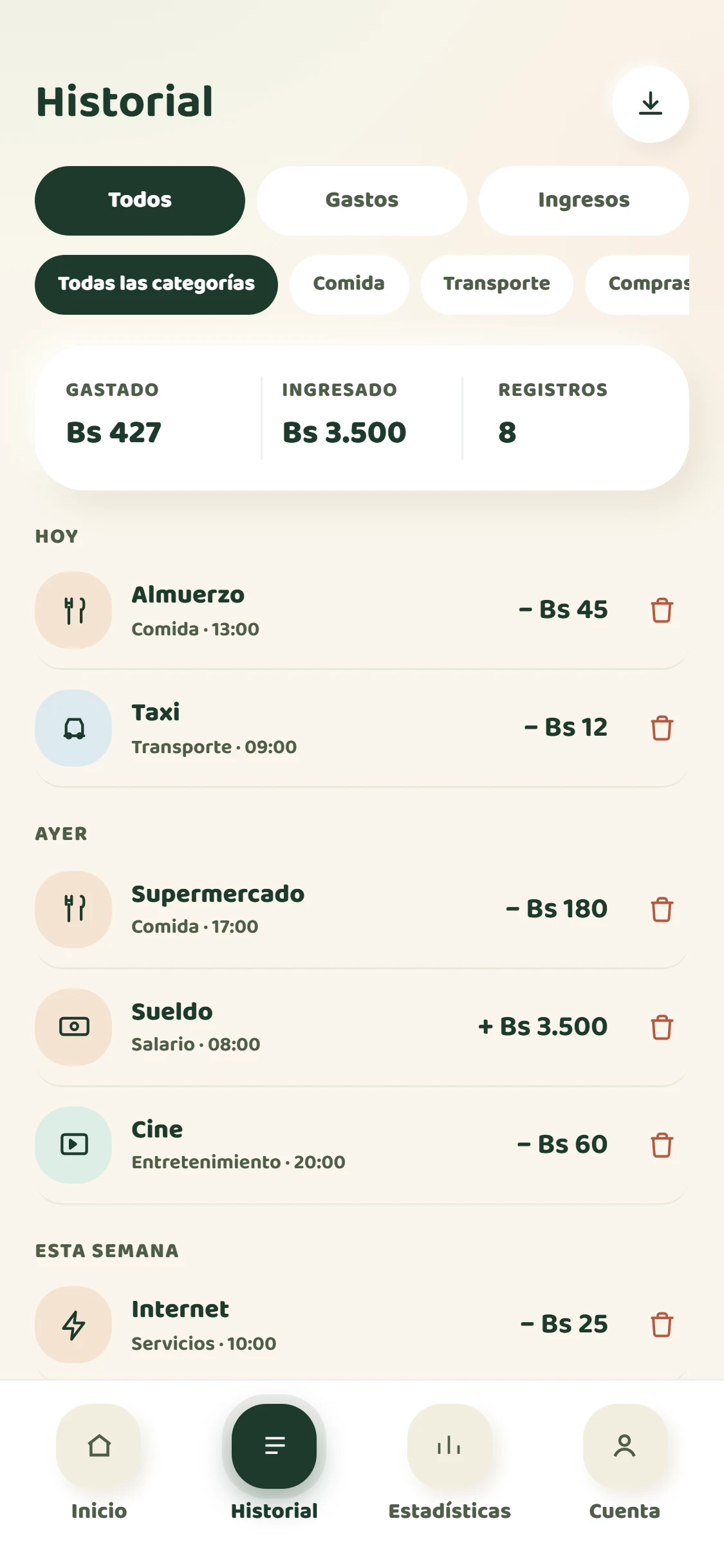 Pantalla de historial de movimientos