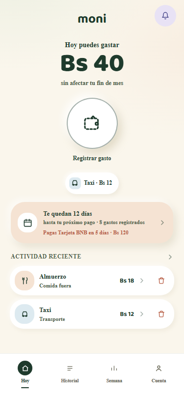 Pantalla principal de Moni mostrando el resumen del mes y el botón de registrar movimiento