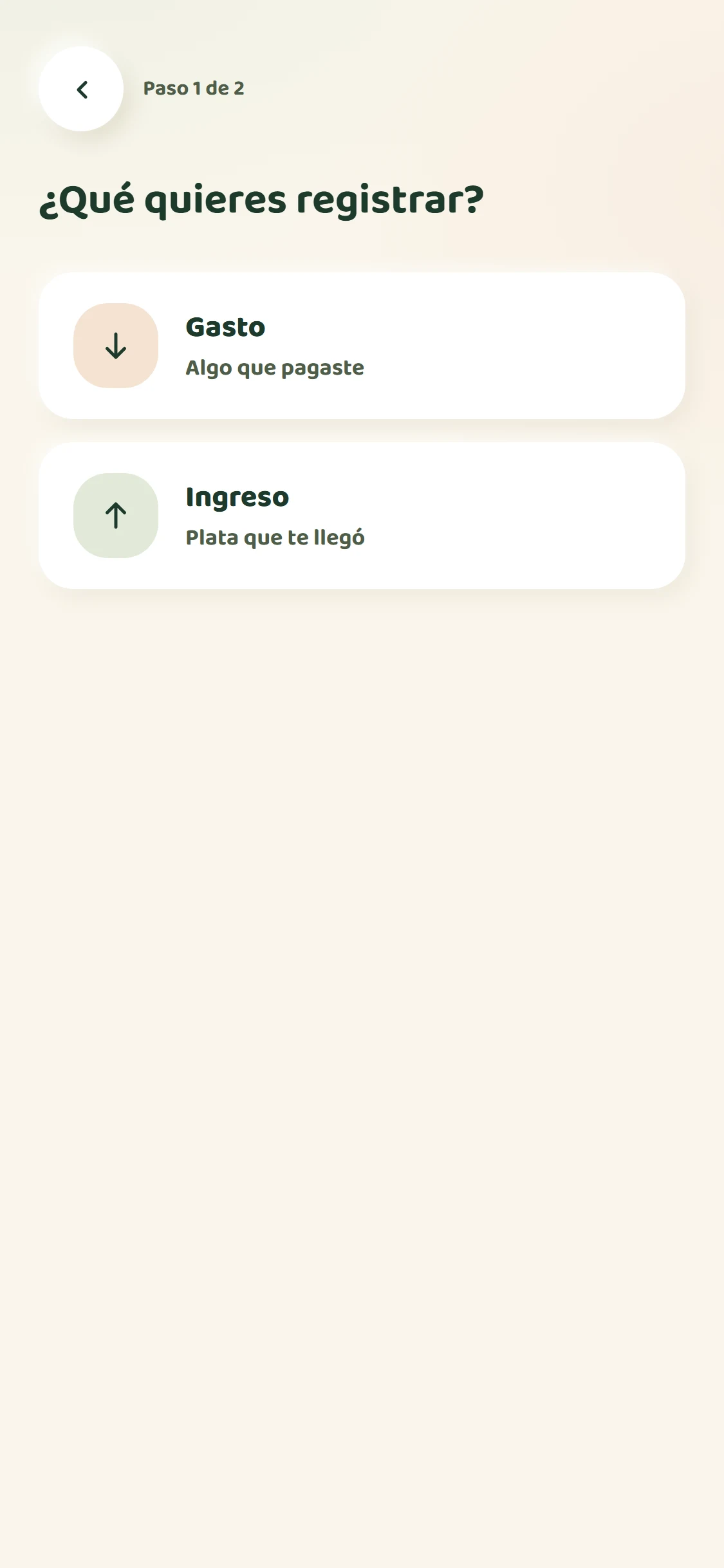Pantalla para registrar un gasto o ingreso en segundos